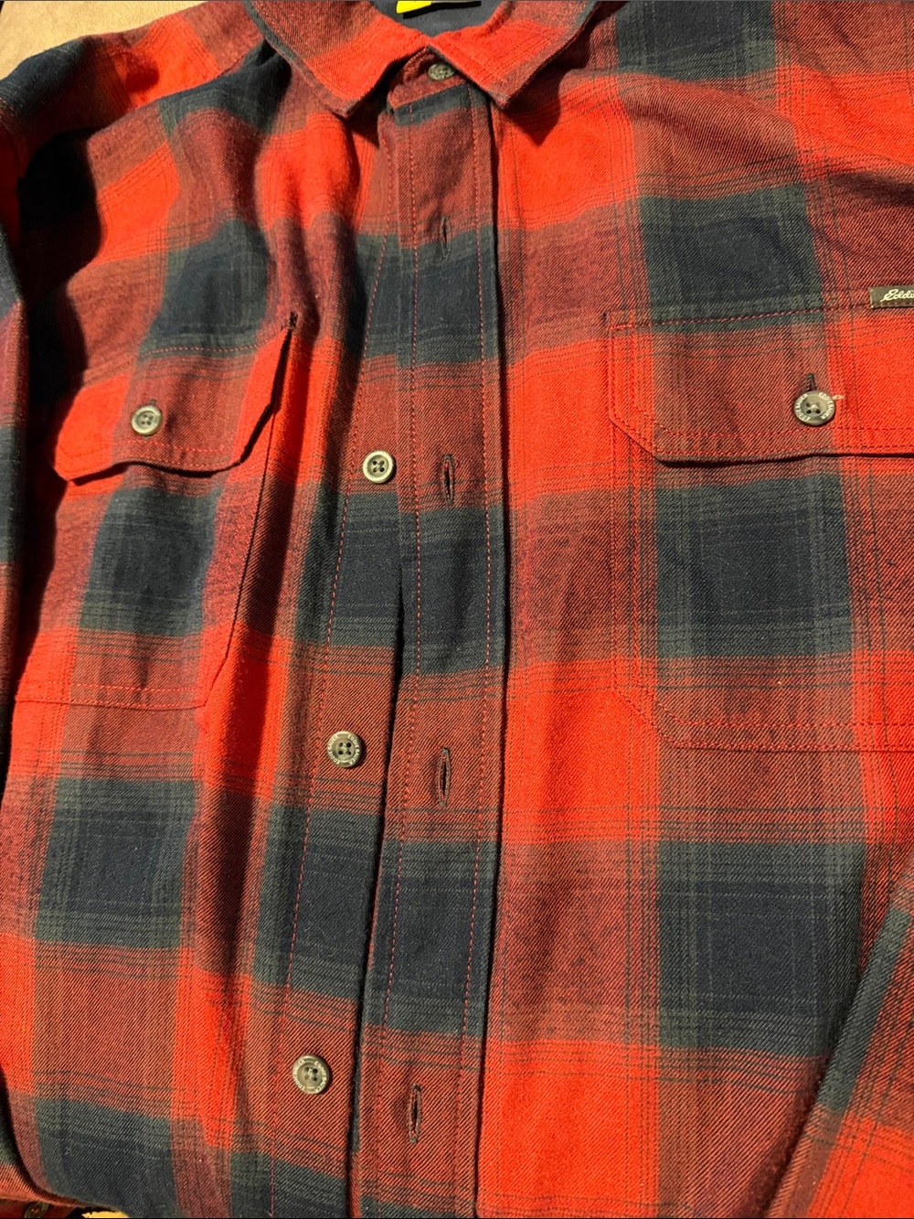 Eddie Bauer Red and Navy Plaid Button-Down Shirt - Picture 3 of 6